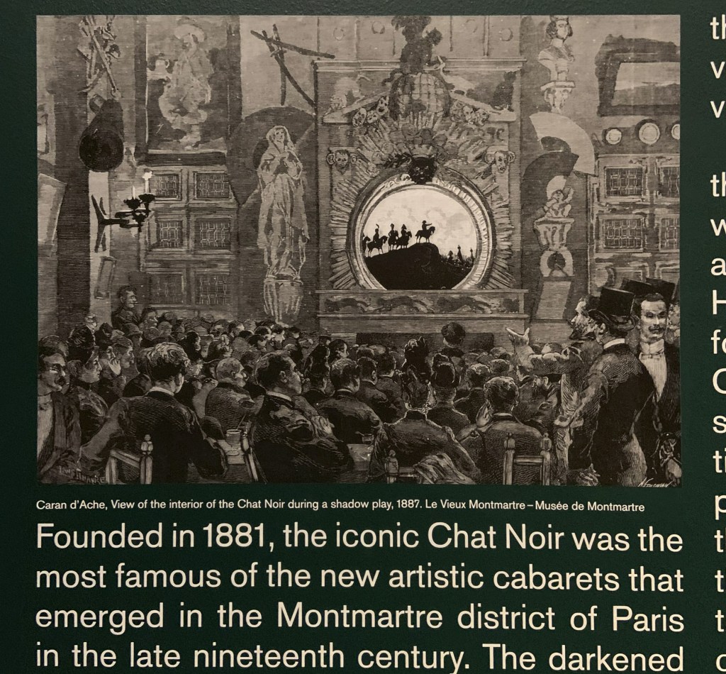 Paris: Chat Noir 1880s-90s wall text from the exhibition 'Into the Night: Cabarets and Clubs in Modern Art' at the Barbican Art Gallery, Oct 2019 - Jan 2020 Paris: Chat Noir 1880s-90s wall text from the exhibition 'Into the Night: Cabarets and Clubs in Modern Art' at the Barbican Art Gallery, Oct 2019 - Jan 2020