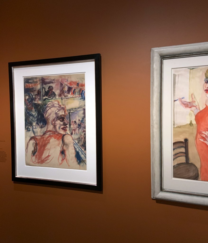 Installation view of the exhibition 'Into the Night: Cabarets and Clubs in Modern Art' at the Barbican Art Gallery, London showing at left, Elfriede Lohse-Wächtler's 'Ausblick im Nachtlokal' (View of a Nightclub) 1930 Installation view of the exhibition 'Into the Night: Cabarets and Clubs in Modern Art' at the Barbican Art Gallery, London showing at left, Elfriede Lohse-Wächtler's 'Ausblick im Nachtlokal' (View of a Nightclub) 1930