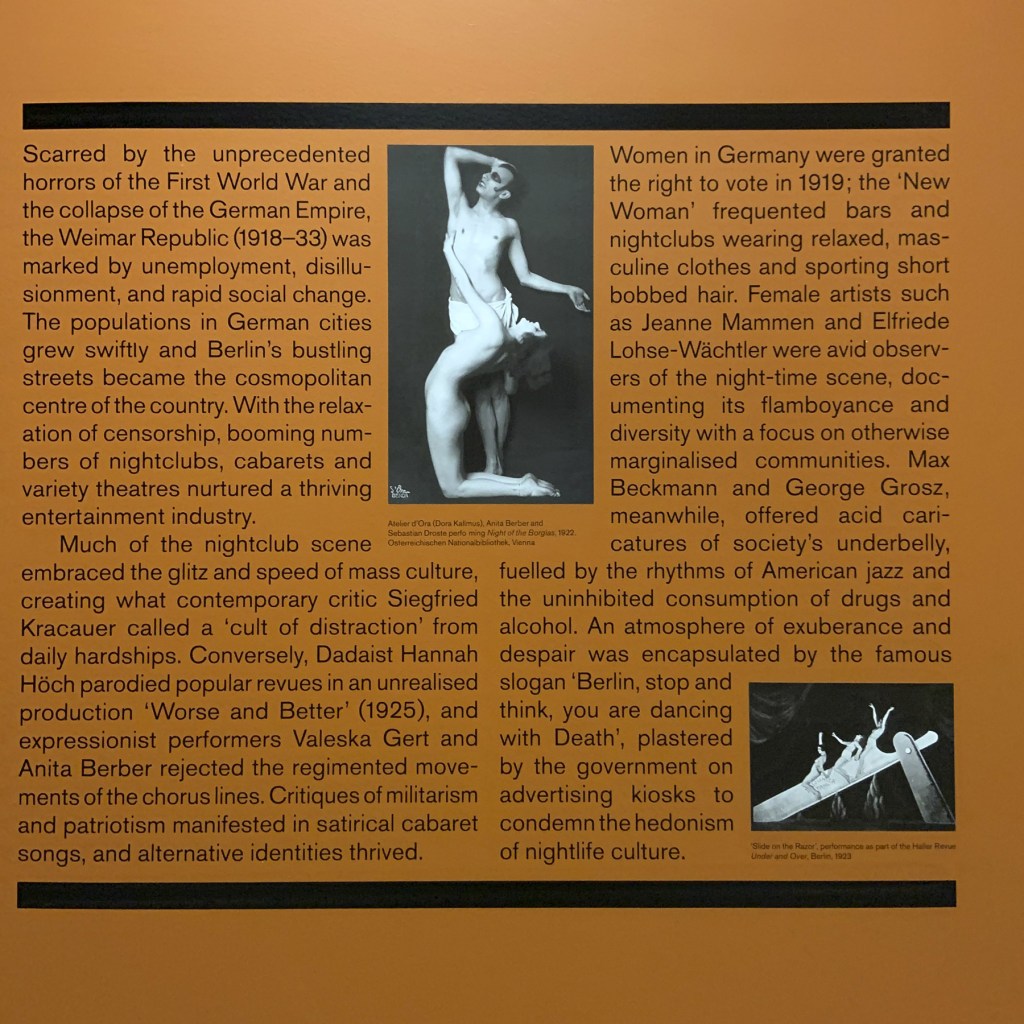Berlin: Weimar Nightlife 1920s-30s wall text from the exhibition 'Into the Night: Cabarets and Clubs in Modern Art' at the Barbican Art Gallery, Oct 2019 - Jan 2020 Berlin: Weimar Nightlife 1920s-30s wall text from the exhibition 'Into the Night: Cabarets and Clubs in Modern Art' at the Barbican Art Gallery, Oct 2019 - Jan 2020