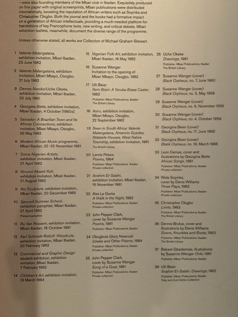 Installation view of the exhibition 'Into the Night: Cabarets and Clubs in Modern Art' at the Barbican Art Gallery showing some of the publishing output of the Mbari clubs and wall text Installation view of the exhibition 'Into the Night: Cabarets and Clubs in Modern Art' at the Barbican Art Gallery showing some of the publishing output of the Mbari clubs and wall text