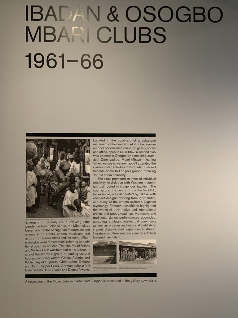 Ibadan & Osogbo Mbari Clubs 1961-66 wall text from the exhibition 'Into the Night: Cabarets and Clubs in Modern Art' at the Barbican Art Gallery, Oct 2019 - Jan 2020 Ibadan & Osogbo Mbari Clubs 1961-66 wall text from the exhibition 'Into the Night: Cabarets and Clubs in Modern Art' at the Barbican Art Gallery, Oct 2019 - Jan 2020