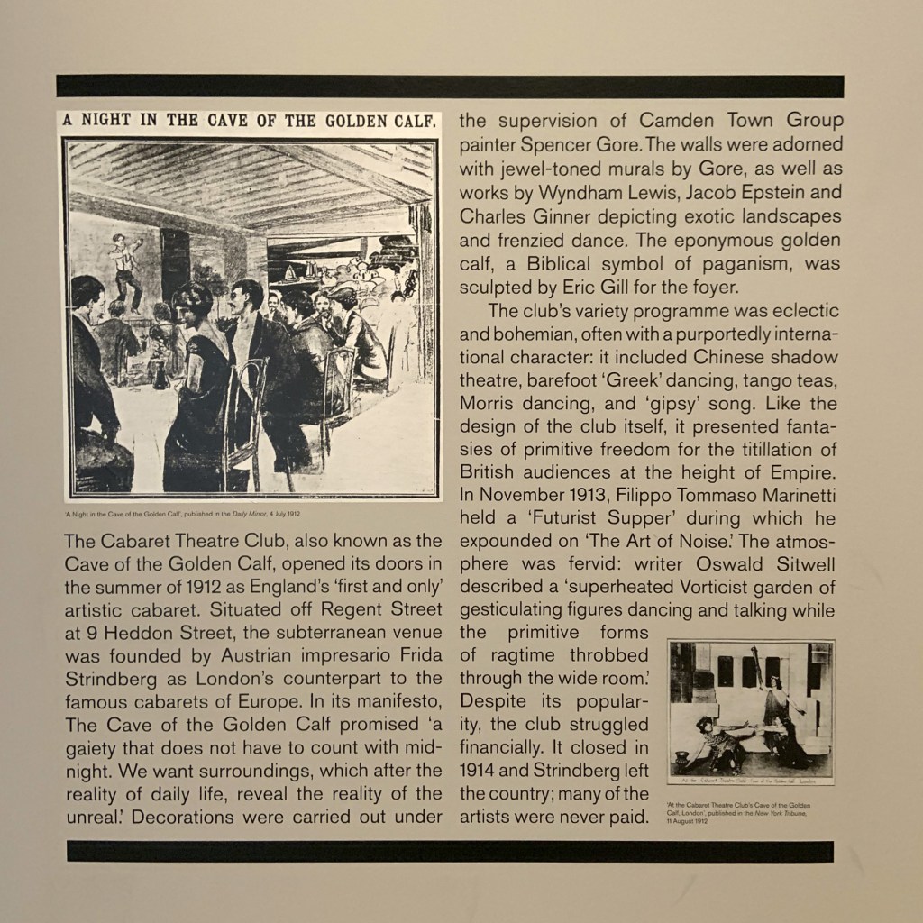 London Cave of the Golden Calf wall text from the exhibition 'Into the Night: Cabarets and Clubs in Modern Art' at the Barbican Art Gallery, Oct 2019 - Jan 2020 London Cave of the Golden Calf wall text from the exhibition 'Into the Night: Cabarets and Clubs in Modern Art' at the Barbican Art Gallery, Oct 2019 - Jan 2020