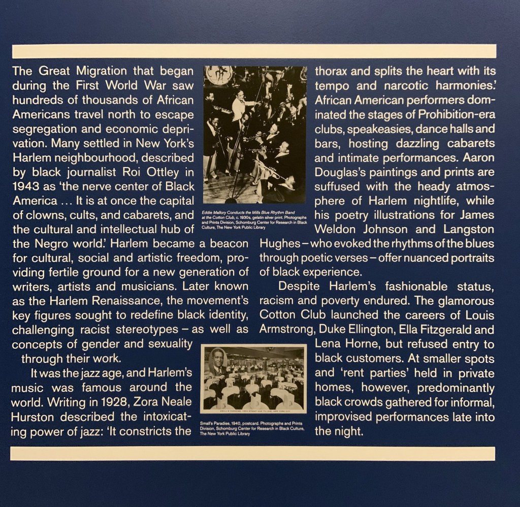 Harlem Jazz Clubs and Cabarets 1920s-40s wall text from the exhibition 'Into the Night: Cabarets and Clubs in Modern Art' at the Barbican Art Gallery, Oct 2019 - Jan 2020 Harlem Jazz Clubs and Cabarets 1920s-40s wall text from the exhibition 'Into the Night: Cabarets and Clubs in Modern Art' at the Barbican Art Gallery, Oct 2019 - Jan 2020