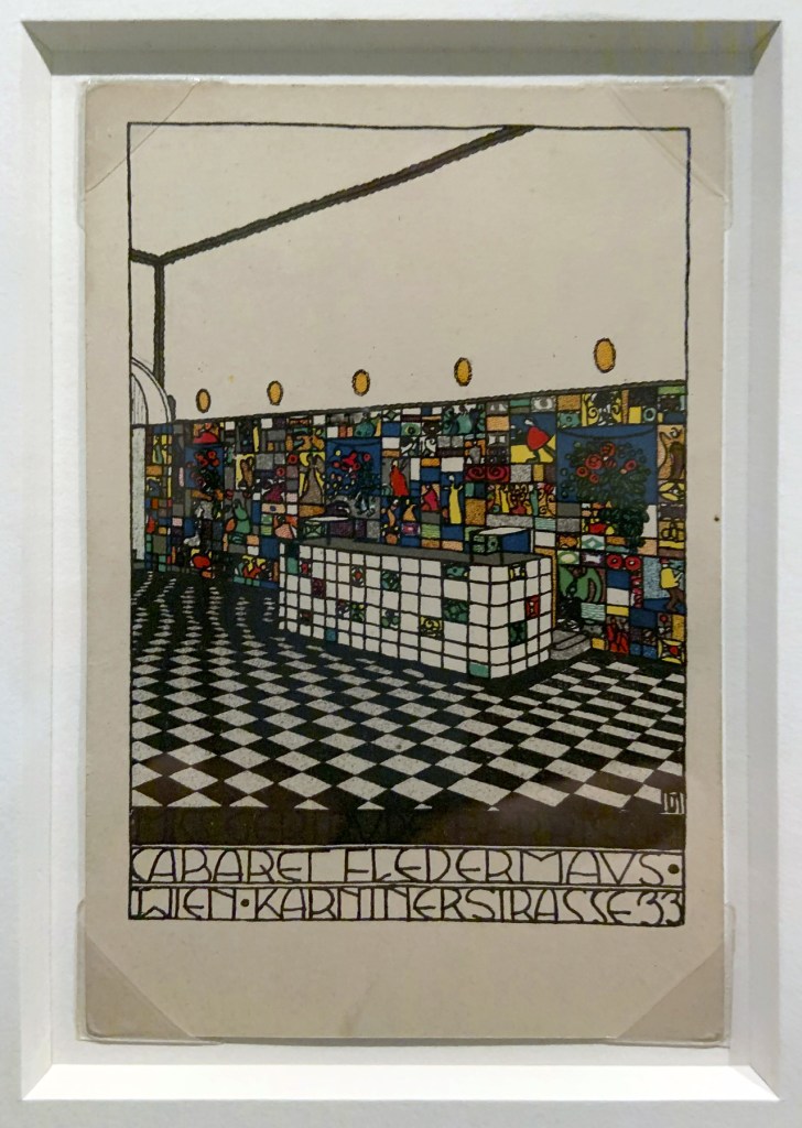 Josef Hoffmann (Austrian, 1870-1956) 'Weiner Werkstätte Postkarte' (left to right) No. 74 (Interior view of the bar at the Cabaret Fledermaus); No. 75 (Interior view of the bar at the Cabaret Fledermaus); No. 67 (Interior view of the auditorium with stage at the Cabaret Fledermaus) 1907 (installation view) Josef Hoffmann (Austrian, 1870-1956) 'Weiner Werkstätte Postkarte' (left to right) No. 74 (Interior view of the bar at the Cabaret Fledermaus); No. 75 (Interior view of the bar at the Cabaret Fledermaus); No. 67 (Interior view of the auditorium with stage at the Cabaret Fledermaus) 1907 (installation view)