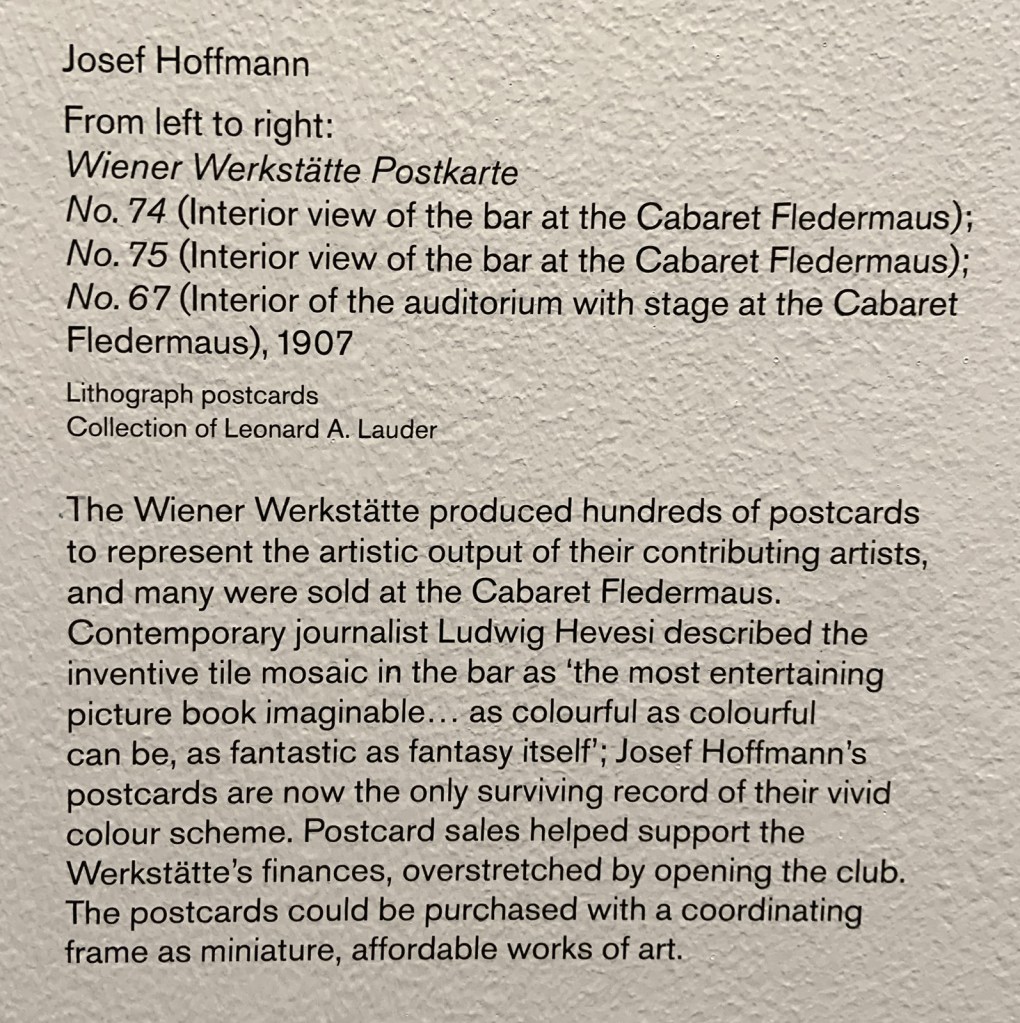 Wall text about the Weiner Werkstätte postcards from the exhibition 'Into the Night: Cabarets and Clubs in Modern Art' at the Barbican Art Gallery, London, October 2019 - January 2019 Wall text about the Weiner Werkstätte postcards from the exhibition 'Into the Night: Cabarets and Clubs in Modern Art' at the Barbican Art Gallery, London, October 2019 - January 2019