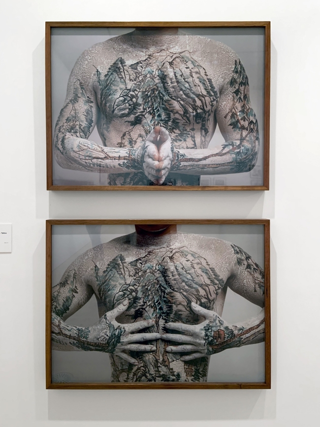 Installation view of the exhibition 'Turning Points: Contemporary Photography from China' at the National Gallery of Victoria, Melbourne showing Huang Yan's 'Chinese landscape – Tattoo No. 4' and 'Chinese landscape – Tattoo No. 1' (1999)