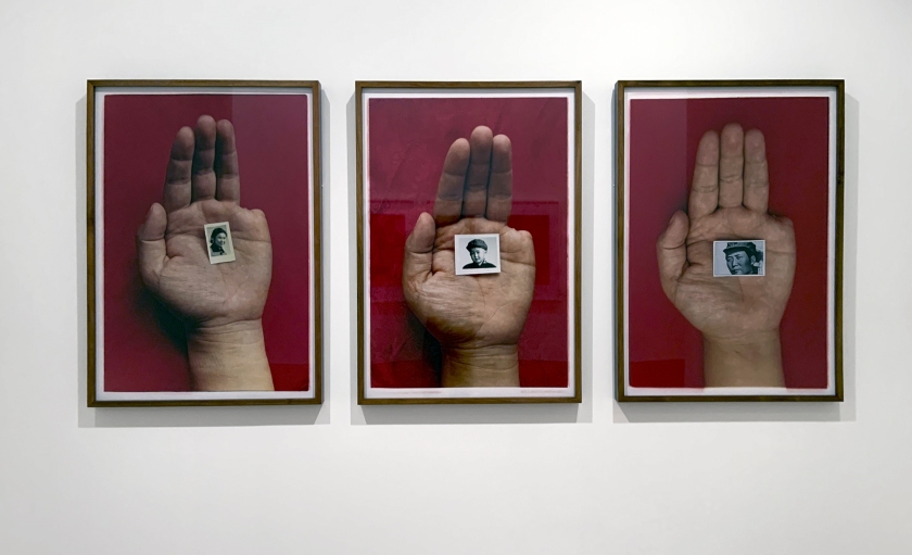 Installation view of the exhibition 'Turning Points: Contemporary Photography from China' at the National Gallery of Victoria, Melbourne showing Sheng Qi's 'Memories (Mother)', 'Memories (Me)' and 'Memories (Mao)' (2000)