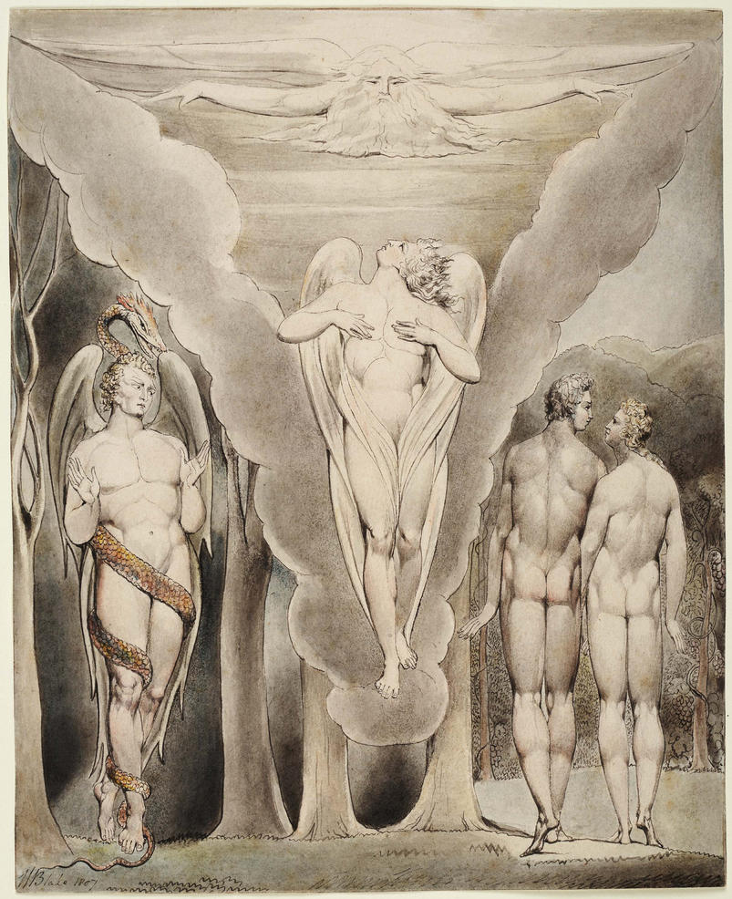 William Blake (British, 1757-1827) Illustrations to Milton's 'Paradise Lost' Plate 4: 'Satan Spying on Adam and Eve's Descent into Paradise' (Thomas set) 1807