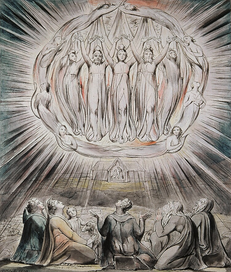William Blake (British, 1757-1827) Illustrations to Milton's Hymn 'On the Morning of Christ's Nativity' Plate 2: 'The Angels appearing to the Shepherds' 1809 (installation view)