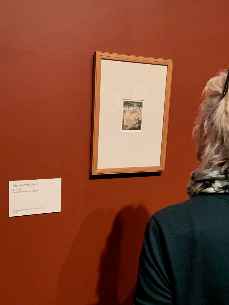 Installation view of the exhibition 'William Blake' at Tate Britain, London showing Blake's 'Age Teaching Youth' (c. 1785-1790) Photo: Marcus Bunyan