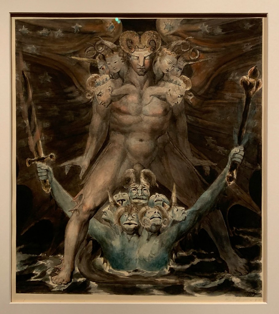 William Blake (British, 1757-1827) 'The Great Red Dragon and the Beast from the Sea' c. 1805 (installation view)