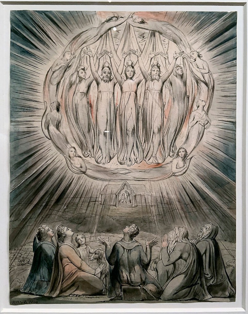 William Blake (British, 1757-1827) Illustrations to Milton's Hymn 'On the Morning of Christ's Nativity' Plate 2: 'The Angels appearing to the Shepherds' 1809 (installation view)