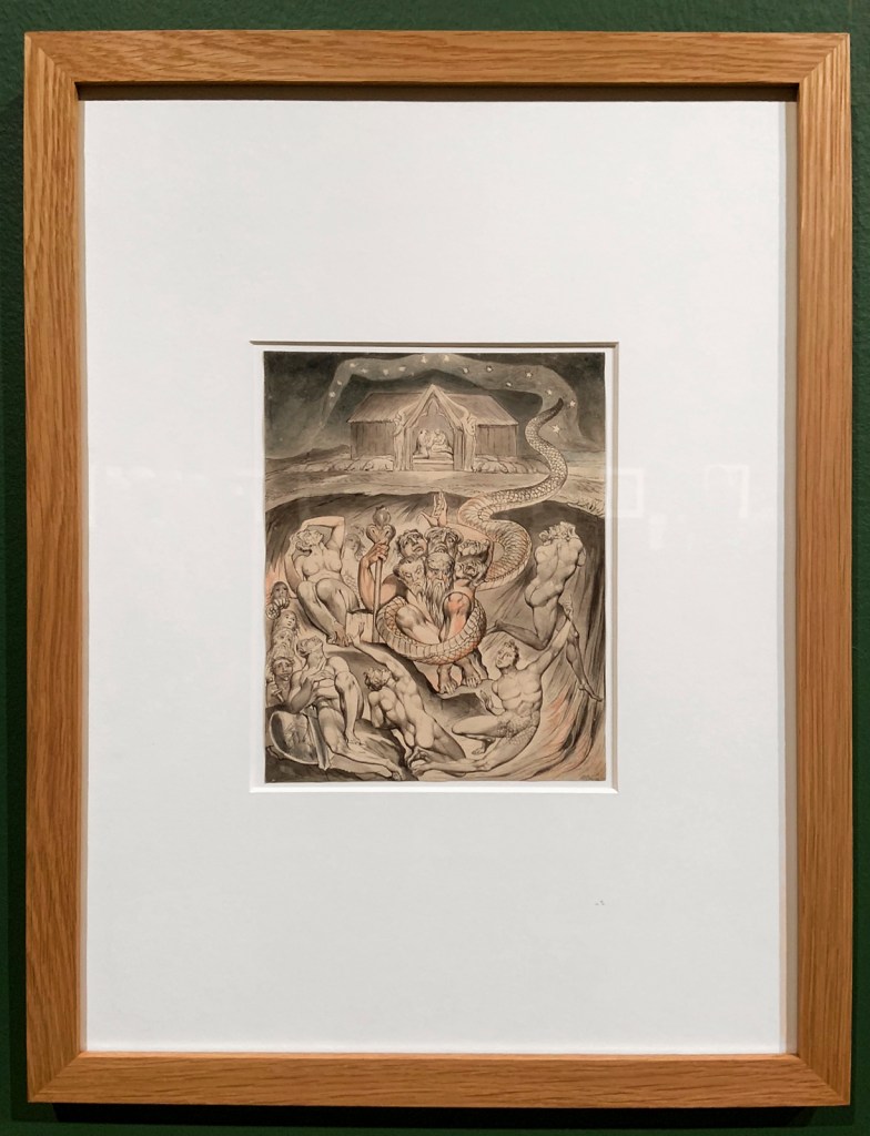 William Blake (British, 1757-1827) Illustrations to Milton's Hymn 'On the Morning of Christ's Nativity' Plate 3: 'The Descent of Typhon and the Gods into Hell' 1809 (installation view)