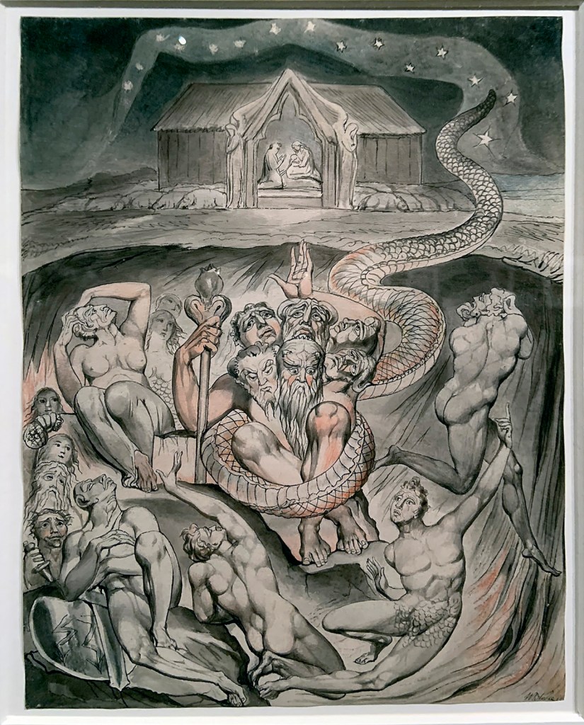 William Blake (British, 1757-1827) Illustrations to Milton's Hymn 'On the Morning of Christ's Nativity' Plate 3: 'The Descent of Typhon and the Gods into Hell' 1809 (installation view)