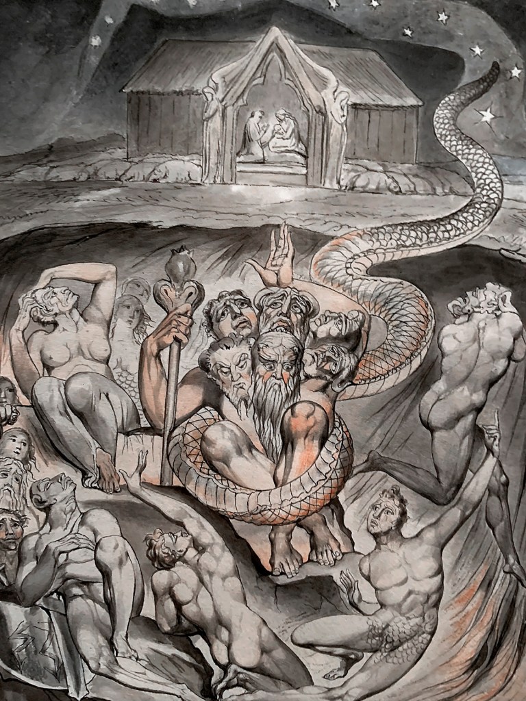 William Blake (British, 1757-1827) Illustrations to Milton's Hymn 'On the Morning of Christ's Nativity' Plate 3: 'The Descent of Typhon and the Gods into Hell' 1809 (installation view)