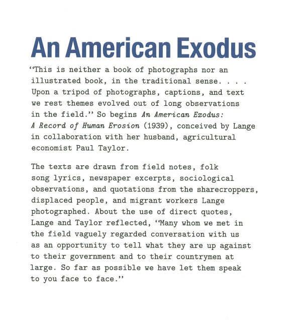 'An American Exodus' wall text from the exhibition 'Dorothea Lange: Words & Pictures' at the Museum of Modern Art, New York