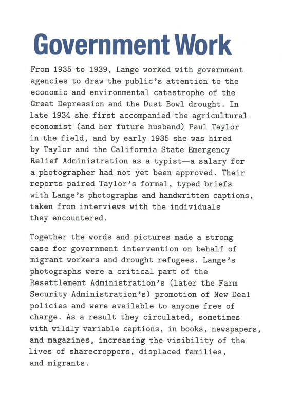 'Government Work' wall text from the exhibition 'Dorothea Lange: Words & Pictures' at the Museum of Modern Art, New York