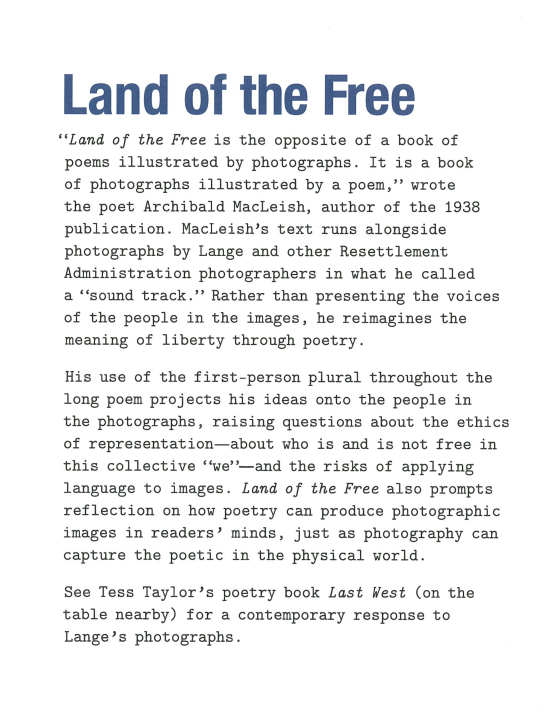 'Land of the Free' wall text from the exhibition 'Dorothea Lange: Words & Pictures' at the Museum of Modern Art, New York