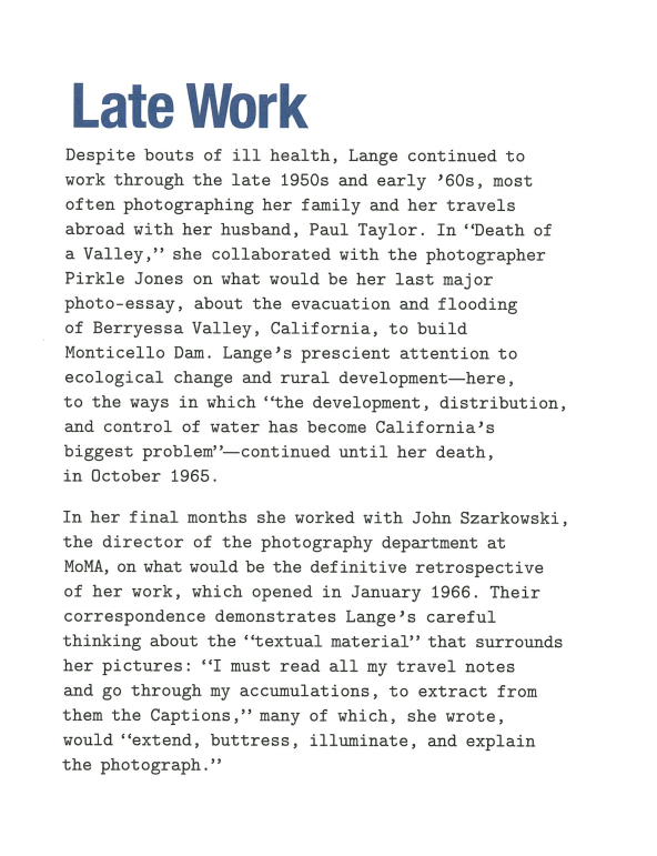 'Late Work' wall text from the exhibition 'Dorothea Lange: Words & Pictures' at the Museum of Modern Art, New York