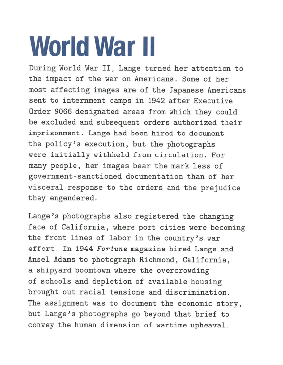 'World War II' wall text from the exhibition 'Dorothea Lange: Words & Pictures' at the Museum of Modern Art, New York