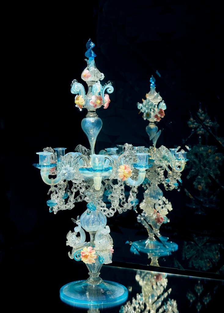 Installation view of 'Candelabrum' c. 1880, Venice and Murano Glass and Mosaic Company, Venice (manufacturer)