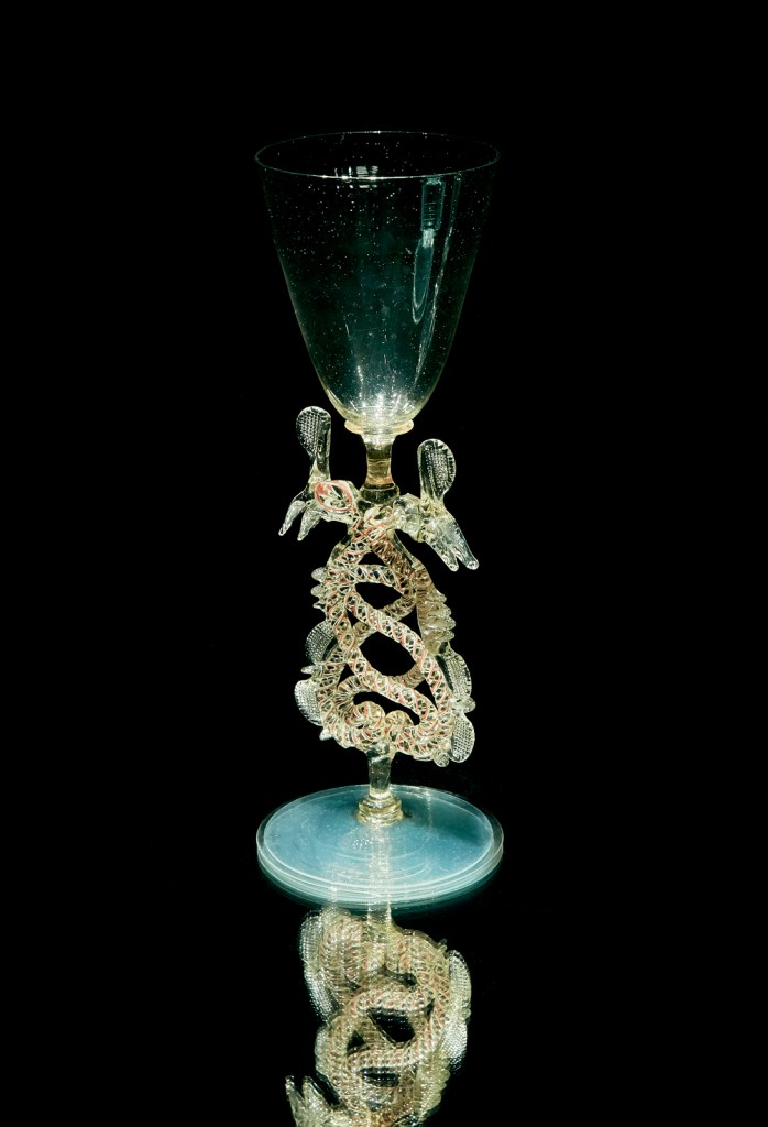 Installation view of 'Serpent-stem goblet (Flügelglas)' (early 17th century), The Netherlands, Holland / Germany (manufacturer)