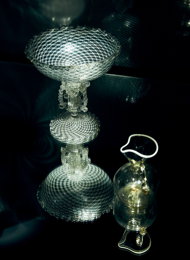 Installation view of 'Liquid Light: 500 Years of Venetian Glass' on display at NGV International showing at left, 'Goblet' c. 1878 by the Venice and Murano Glass and Mosaic Company, Venice