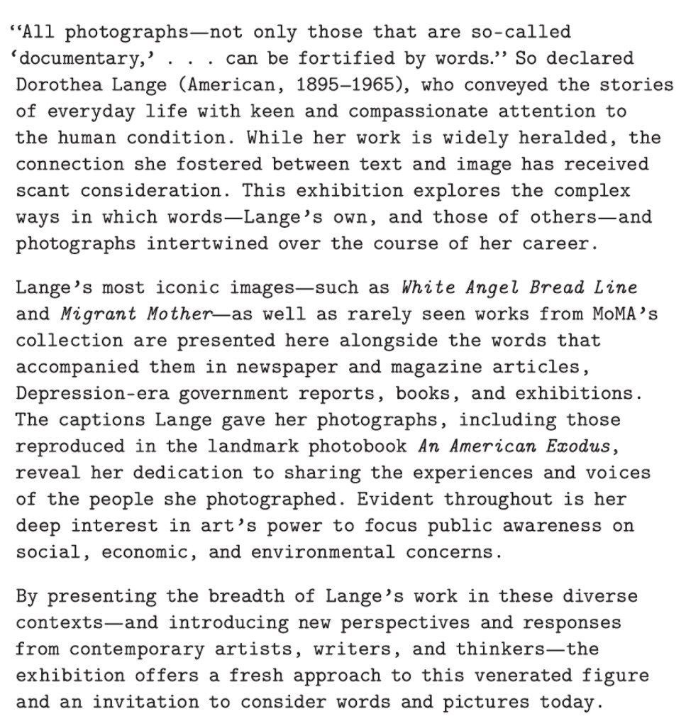 'Dorothea Lange: Words & Pictures' introduction text