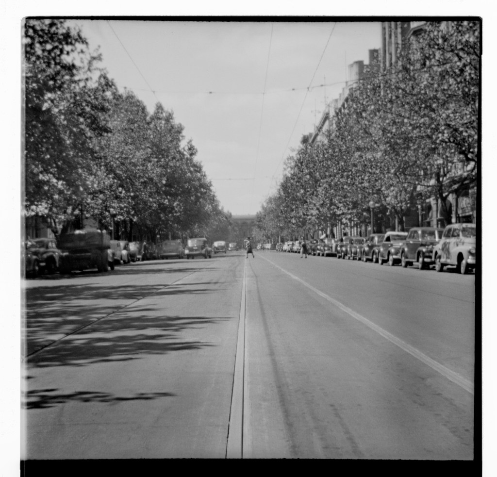 Unknown photographer (Australian) 'Untitled (Collins Street looking up towards Old Treasury Building)' 1946-1947