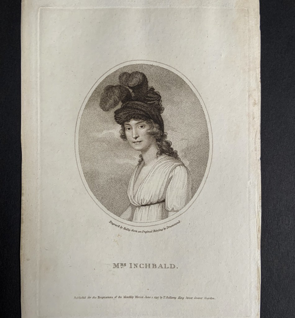 William Ridley (British, 1764-1838) 'Mrs Inchbald' June 1, 1797