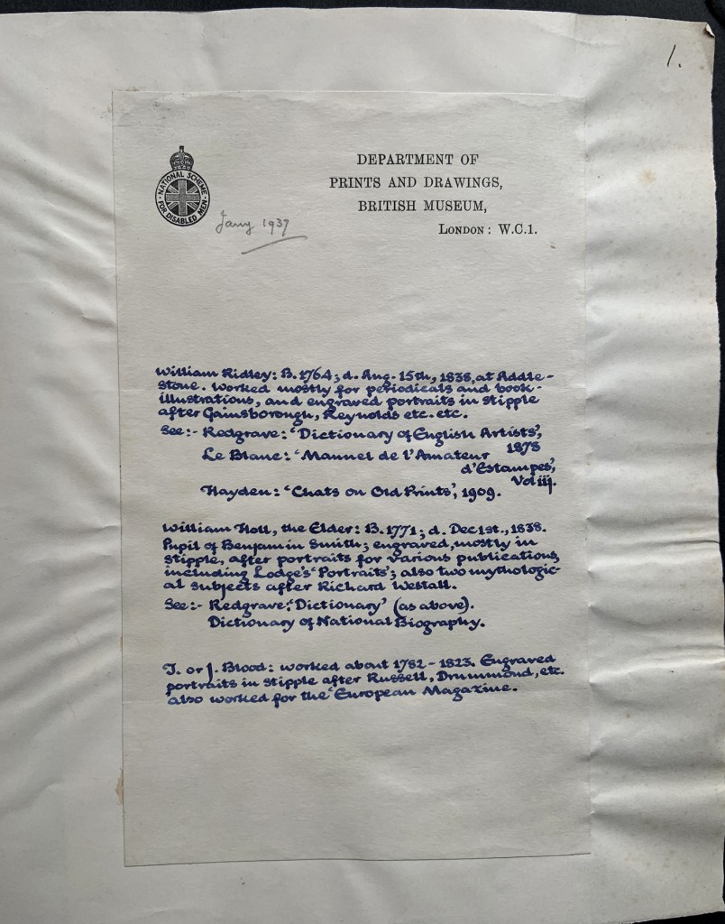 Letter from the British Museum dated January 1937 pasted into 'Portrait Engravings in stipple by W. Ridley, and his associates, W. Holl & T. Blood. 1796-1822'