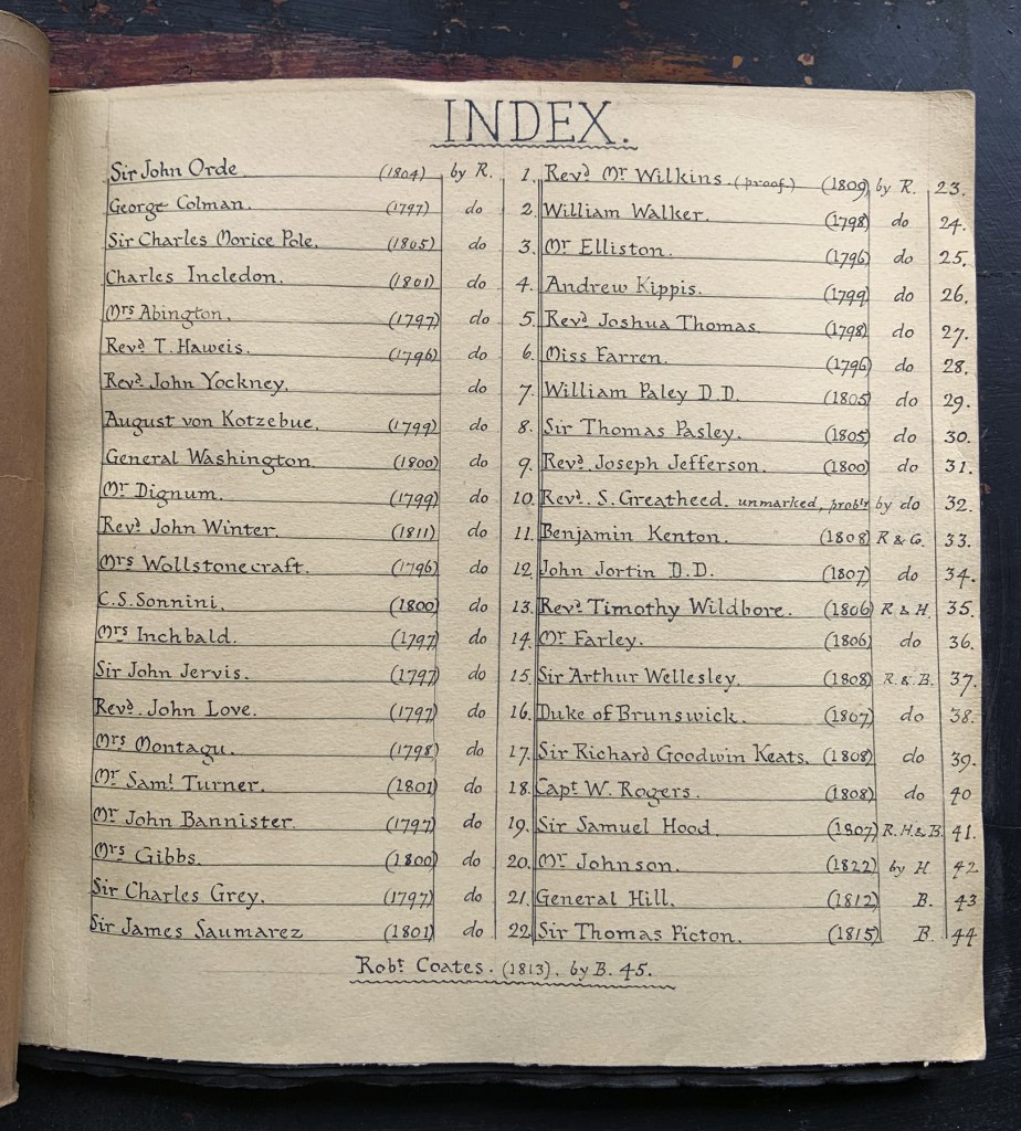'Portrait Engravings in stipple by W. Ridley, and his associates, W. Holl & T. Blood. 1796-1822' Index