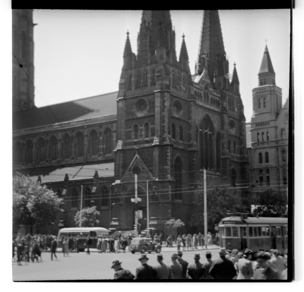 Unknown photographer (Australian) 'Untitled (St Paul's Cathedral, Melbourne looking from Flinders Street Railway Station)' 1946-1947
