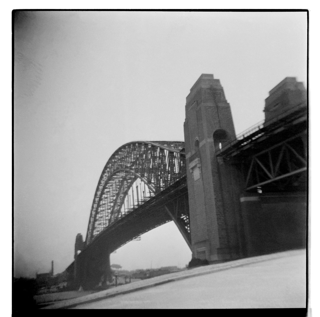 Unknown photographer (Australian) 'Untitled (Sydney Harbour Bridge, north looking south showing DC current power station stack to the left)' 1946-1947