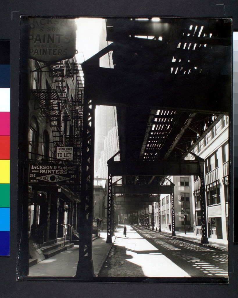Berenice Abbott (American, 1898-1991) 'El': 2nd & 3rd Avenue lines, looking W. from Second & Pearl St., Manhattan' 1936