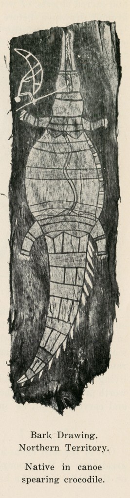 Bark Drawing. Northern Territory. Native in canoe spearing crocodile