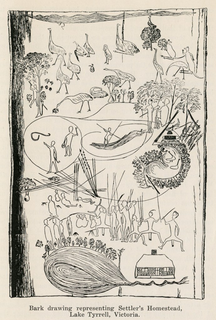Bark drawing representing Settler's Homestead, Lake Tyrrell, Victoria