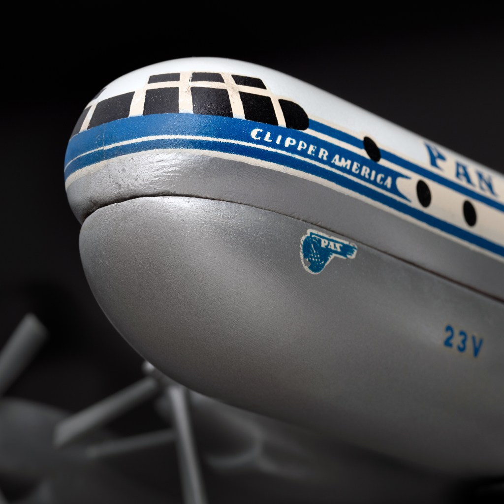 Modelbau Schaarschmidt, Berlin. 'Pan American World Airways Boeing 377 Stratocruiser model aircraft'1950s (detail) from the exhibition 'Model Aircraft' at SFO Museum, San Francisco International Airport