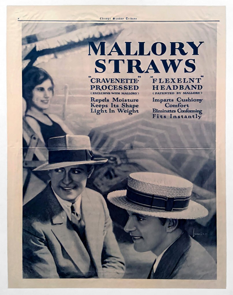 American advertisement. 'Mallory Straws' 1926