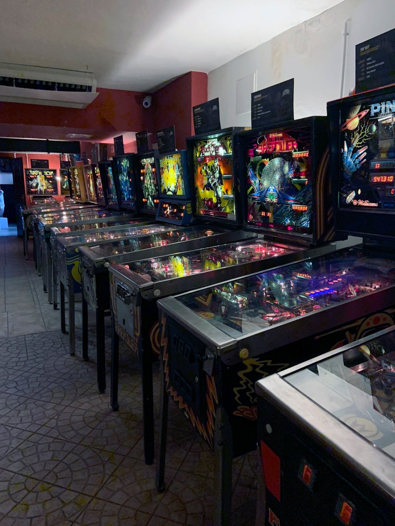 Installation view of the exhibition of pinball art at the Flippermúzeum, Budapest