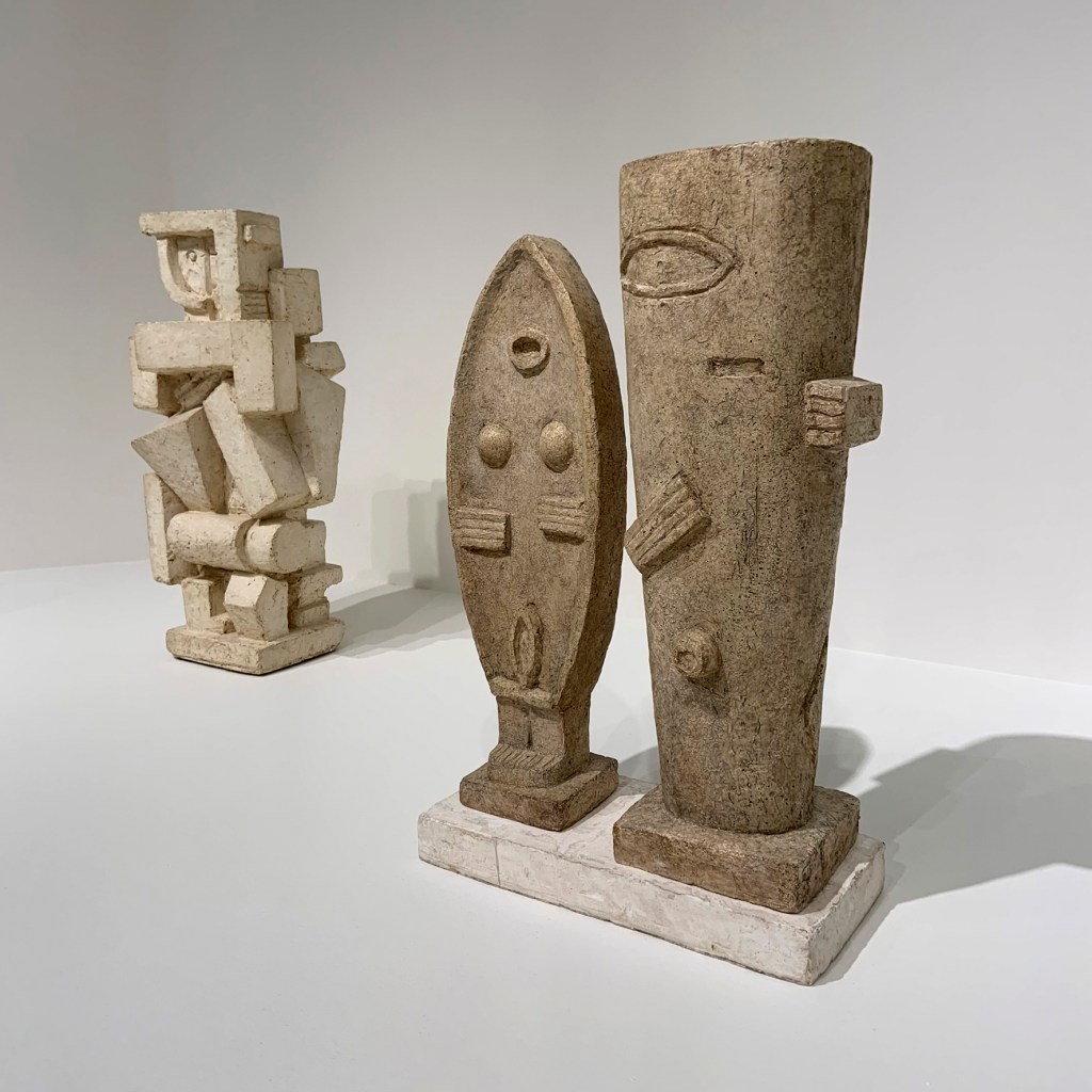 Alberto Giacometti (Swiss, 1901-1966) 'Cubist Figure I' c. 1926 (left) and 'The Couple' 1926 (right) (installation view)