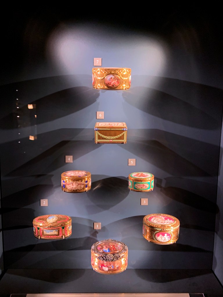 Installation view of French enamelled boxes, Louvre, Paris
