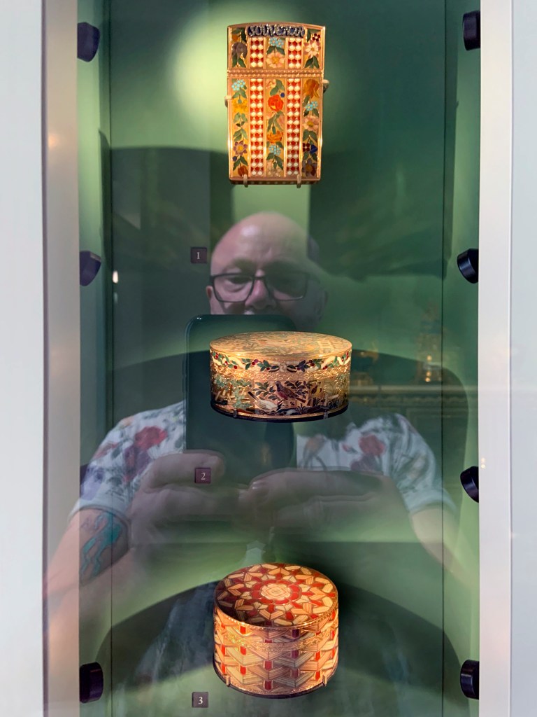 Installation view of German hardstone boxes, Louvre, Paris