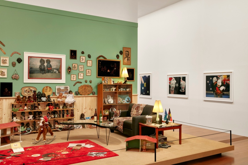 Installation view of 'DESTINY' at The Ian Potter Centre: NGV Australia, Melbourne, 2020 showing Destiny Deacon and Virginia Fraser's 'Koori lounge room' 2021