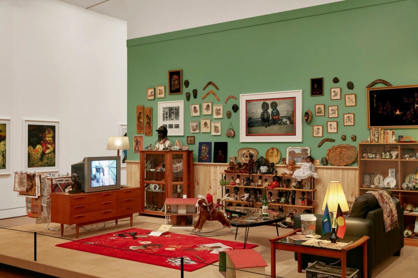 Installation view of 'DESTINY' at The Ian Potter Centre: NGV Australia, Melbourne, 2020 showing Destiny Deacon and Virginia Fraser's 'Koori lounge room' 2021