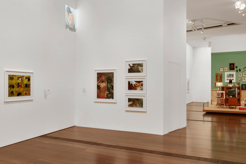 Installation view of 'DESTINY' at The Ian Potter Centre: NGV Australia, Melbourne, 2020 showing at left, 'Arrears windows' 2009; at centre, 'Sand minding / Sand grabs' 2017; and in the background 'Koori lounge room' 2021