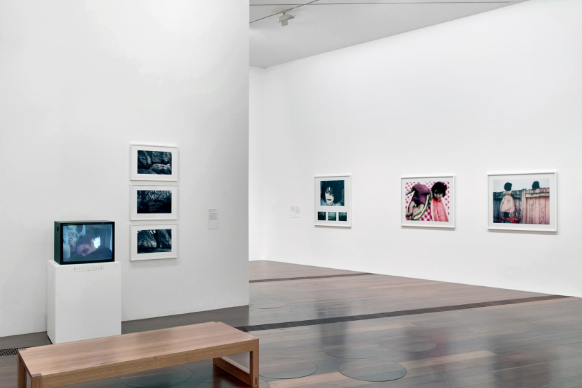 Installation view of 'DESTINY' at The Ian Potter Centre: NGV Australia, Melbourne, 2020 showing at second right, 'Meloncholy' 2000 and at right, 'Over the fence' 2000