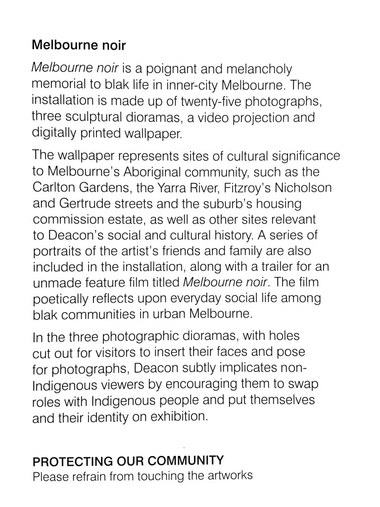 Wall text for the work 'Melbourne noir' from the exhibition 'DESTINY' at The Ian Potter Centre: NGV Australia, Melbourne, 2020 Wall text for the work 'Melbourne noir' from the exhibition 'DESTINY' at The Ian Potter Centre: NGV Australia, Melbourne, 2020