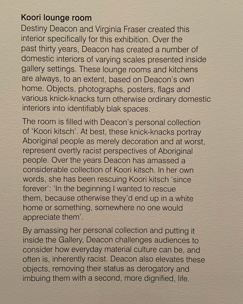 Wall text for the work 'Koori lounge room' from the exhibition 'DESTINY' at The Ian Potter Centre: NGV Australia, Melbourne, 2020 Wall text for the work 'Koori lounge room' from the exhibition 'DESTINY' at The Ian Potter Centre: NGV Australia, Melbourne, 2020