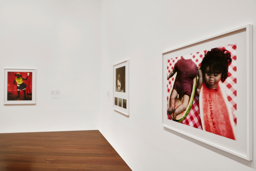 Installation view of 'DESTINY' at The Ian Potter Centre: NGV Australia, Melbourne, 2020 showing at left, 'Where's Mickey?' 2002, and at right 'Meloncholy' 2000